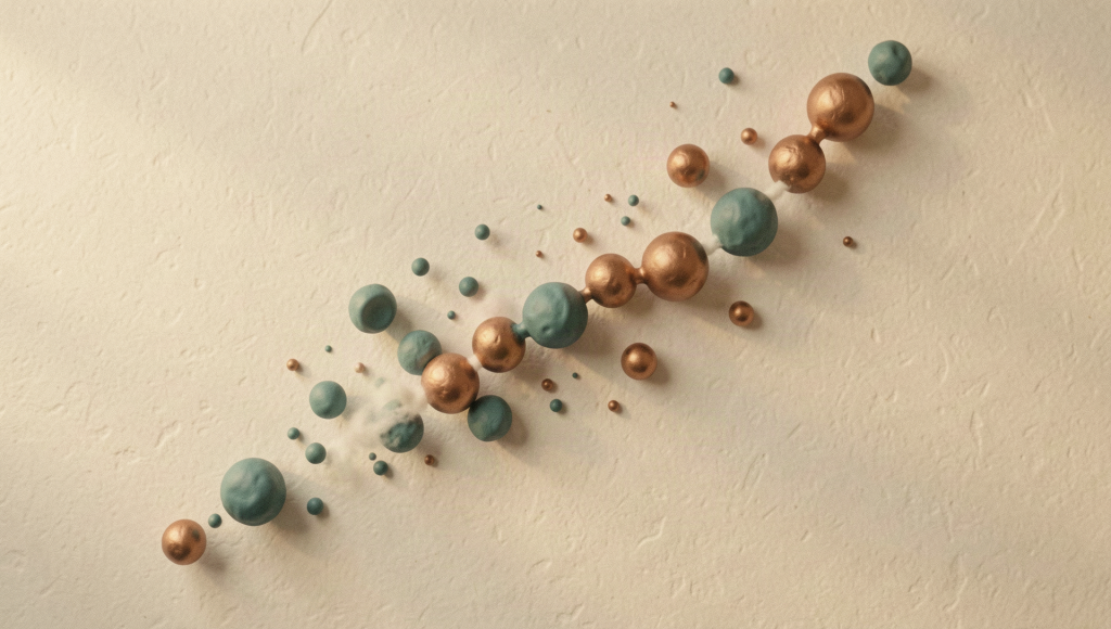 'Illustration of a chain of connected soft beads dissolving into particles, representing peptide structure'