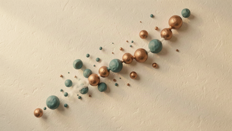 'Illustration of a chain of connected soft beads dissolving into particles, representing peptide structure'