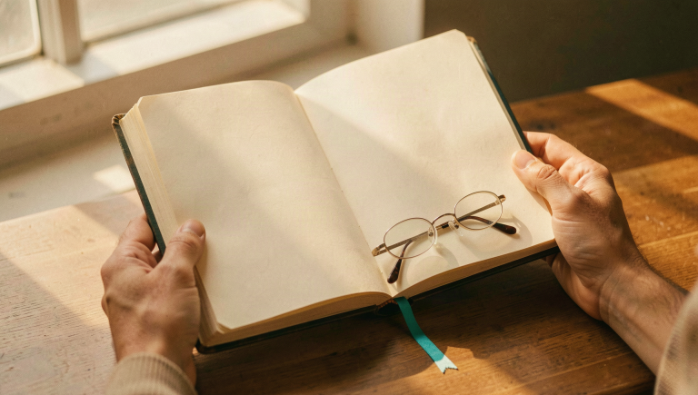 'Hands holding an open blank journal with reading glasses resting on the page, warm window light - reading research closely'