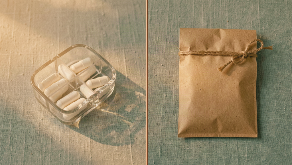 'A pill organizer and a sealed plain research pouch on linen separated by a fine copper rule'