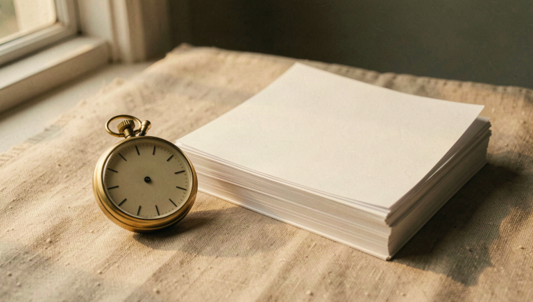 'A small brass stopwatch beside a stack of blank report pages on linen'