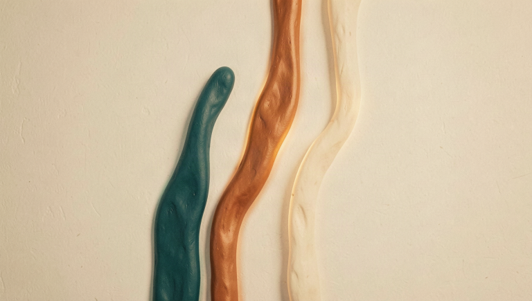'Three parallel soft clay streams rising at different heights in teal, copper and cream'