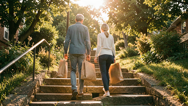 'Two people carrying unprinted grocery bags up sunlit outdoor stone steps'