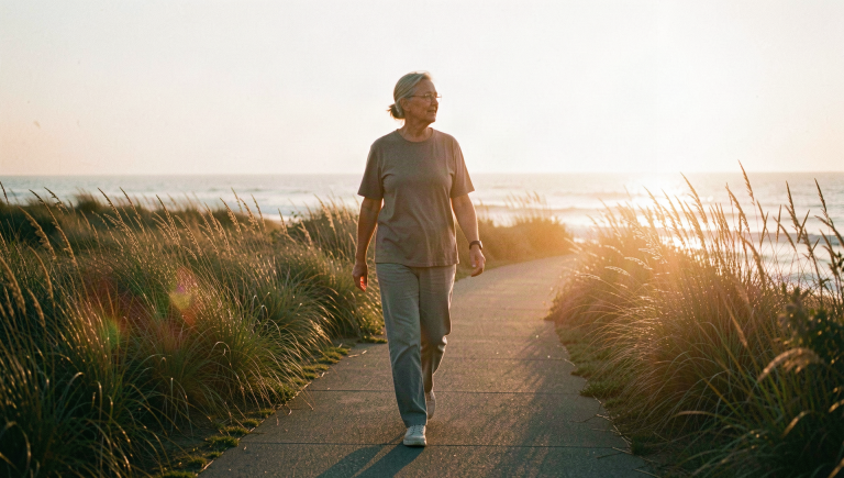 'A woman walking briskly along a coastal path at sunrise'