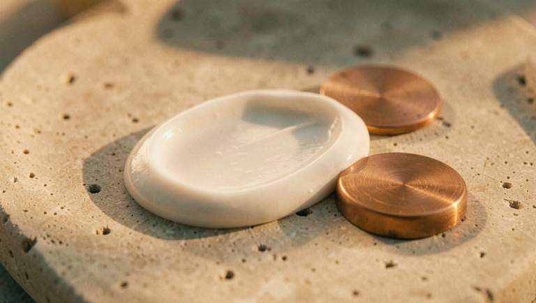 'A macro swirl of white face cream with two brushed copper discs on stone'