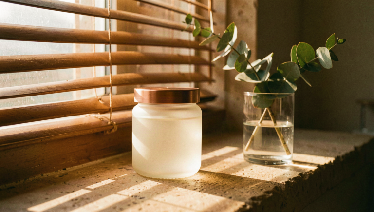'An unbranded frosted glass cream jar with a brushed copper lid in golden window light on a stone sill'