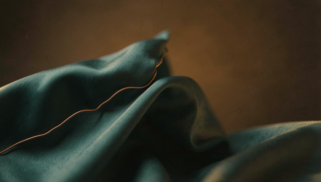 'Deep teal silk settling into one calm fold traced by a thin copper wire - inflammation settling down'