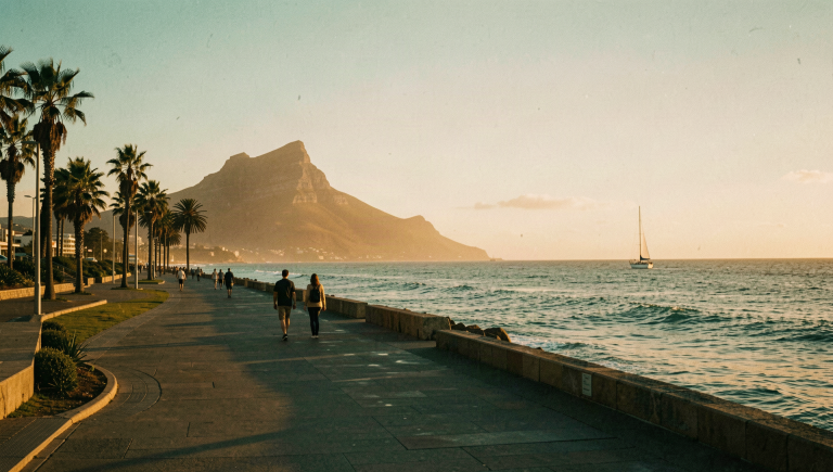 'Golden-hour view along the Sea Point promenade with the mountain beyond the bay, Cape Town'